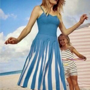 BODEN MATILDA CLASSIC LINEN BLUE/WHITE STRIPED PLEATED SUMMER DRESS-SIZE 10